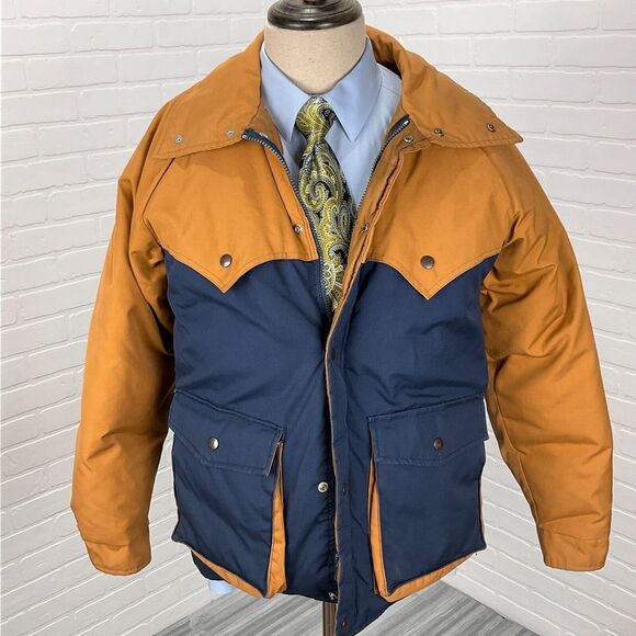 Sunshine‎ Mountain Mens Medium Brown Blue Colorblock Down Puffer Ski Chore - Picture 1 of 13